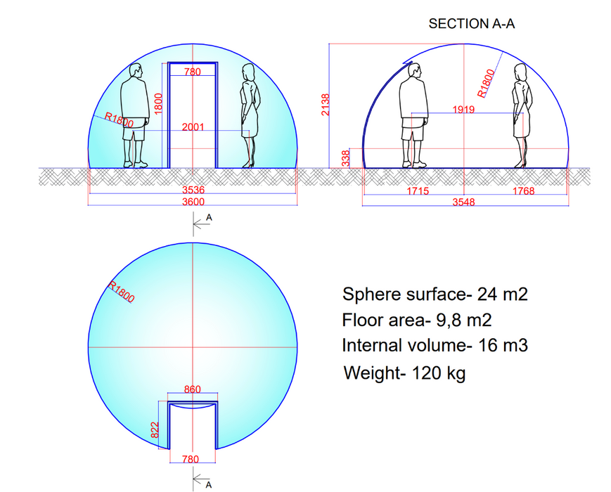 Ø3,6m H2,14m / Ø11ft 9in H7ft Luxury Aura Dome™ with Glass Door