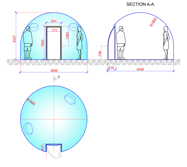 Ø3,6m H2,5m / Ø11ft 9in H8ft 2in Luxury Aura Dome™ with Glass Door