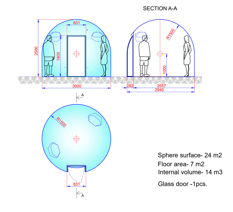 Ø3m H2,5m / Ø9ft 10in H8ft 2in Luxury Aura Dome™ with Glass Door