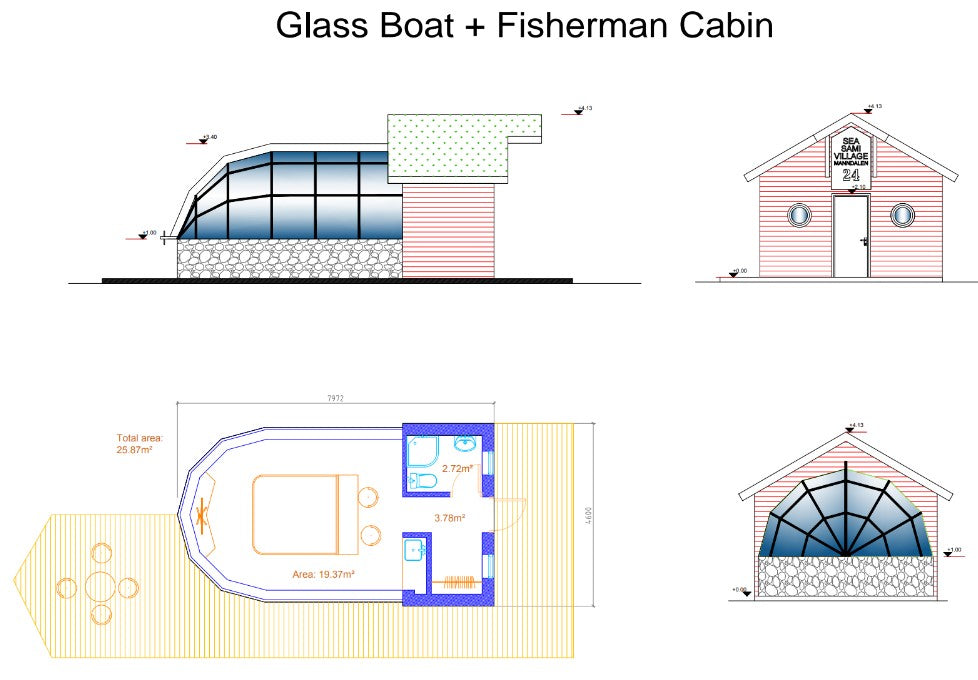 Insulated Glamping Glass Boat & Fisherman Cabin. Scandinavian style