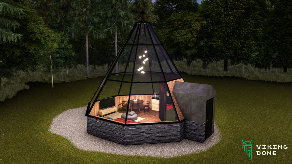 38x9,7m / 124ft x 31ft 9in Wooden House Connected to Ø9m (29ft) Glass Lavvo Cabin