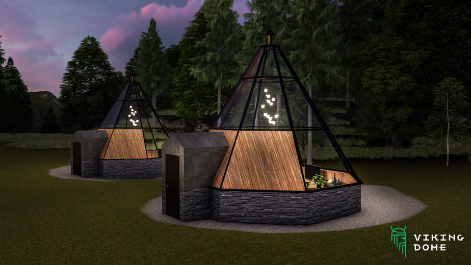 38x9,7m / 124ft x 31ft 9in Wooden House Connected to Ø9m (29ft) Glass Lavvo Cabin