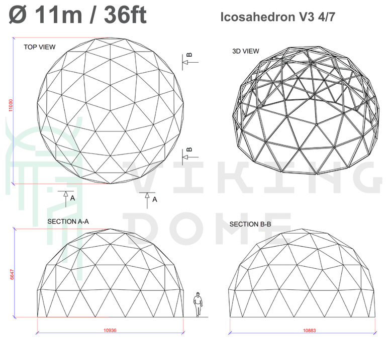 Drawings Icosahedron V3 4/7 Domes Ø 4m-12m / 13ft-39ft