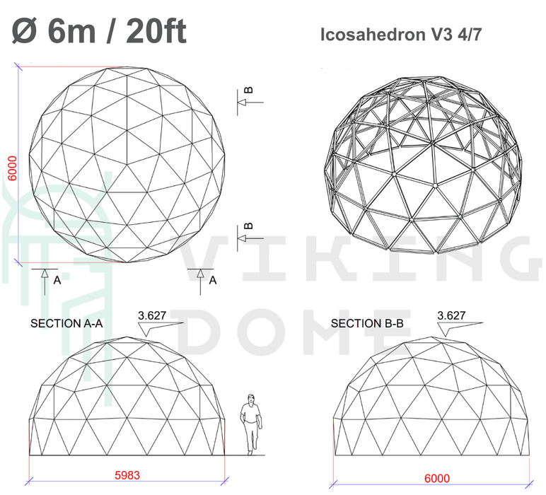 Drawings Icosahedron V3 4/7 Domes Ø 4m-12m / 13ft-39ft