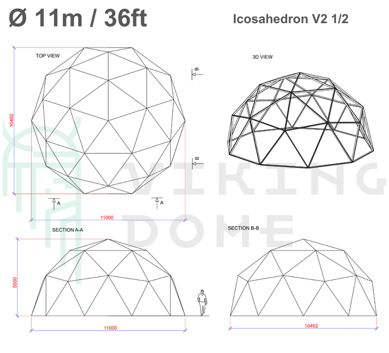 Drawings Icosahedron V2 1/2 Domes Ø 4m-20m / 13ft-65.5ft