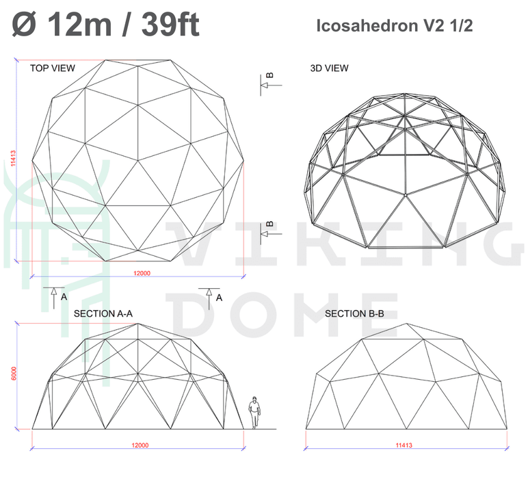 Drawings Icosahedron V2 1/2 Domes Ø 4m-20m / 13ft-65.5ft