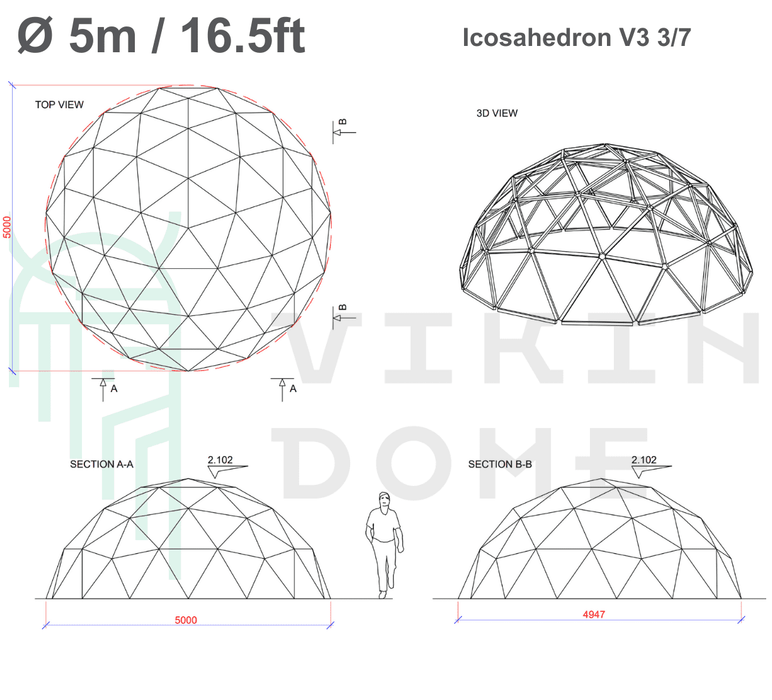Drawings Icosahedron V3 3/7 Domes Ø 5m-12m / 16.5ft-39ft