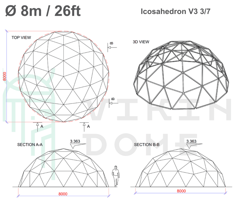 Drawings Icosahedron V3 3/7 Domes Ø 5m-12m / 16.5ft-39ft