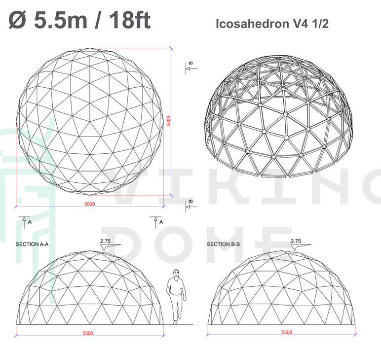 Drawings Icosahedron V4 1/2 Domes Ø 4m-30m / 13ft-98.5ft