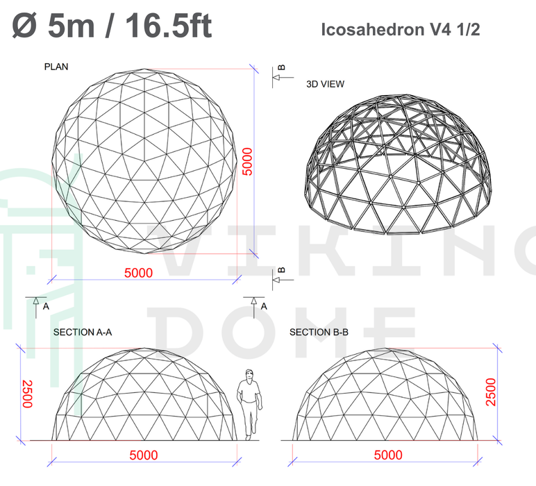 Drawings Icosahedron V4 1/2 Domes Ø 4m-30m / 13ft-98.5ft