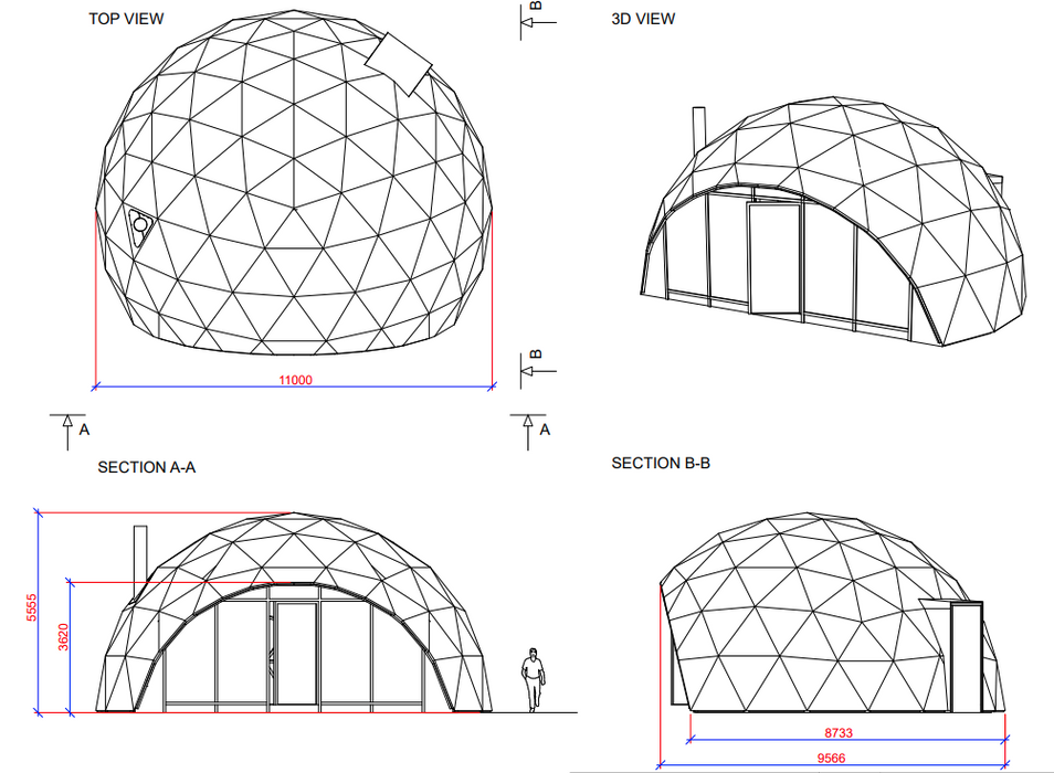 Ø11m Isolierte Glamping Dome PVC-Glaswand - semipermanentes Gebäude